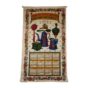 Vintage 1972 Bless My Little Kitchen Decorative Linen Cloth Calendar 28 x 16.5